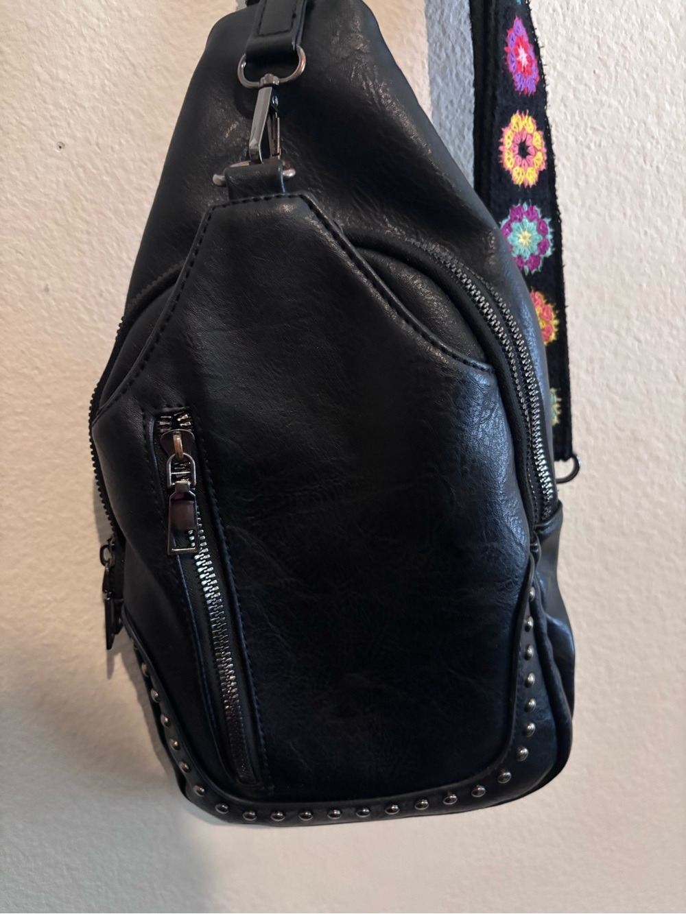 Black bohemian Studded Leather Crossbody Sling Bag - Unbranded